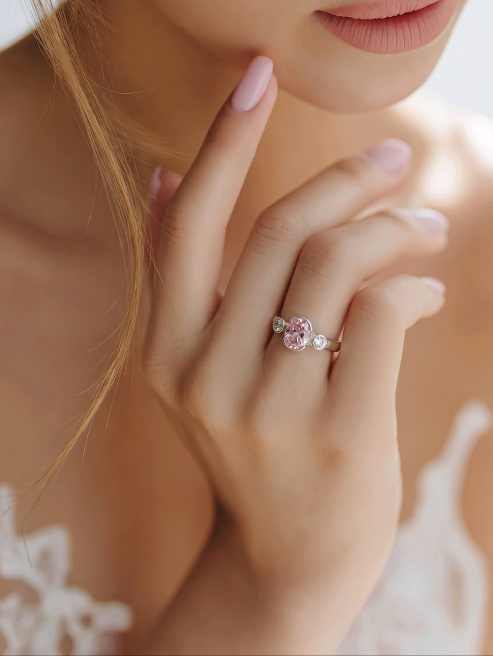 Dainty 3 Stone 925 Silver Ring Light Pink Kuzite and White Cubic Zircon size 5.5